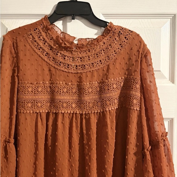 Linda Anderson Rust Orange Swiss Dot Lace Yoke Long Sleeve Bohemian Office Dress - Picture 5 of 9